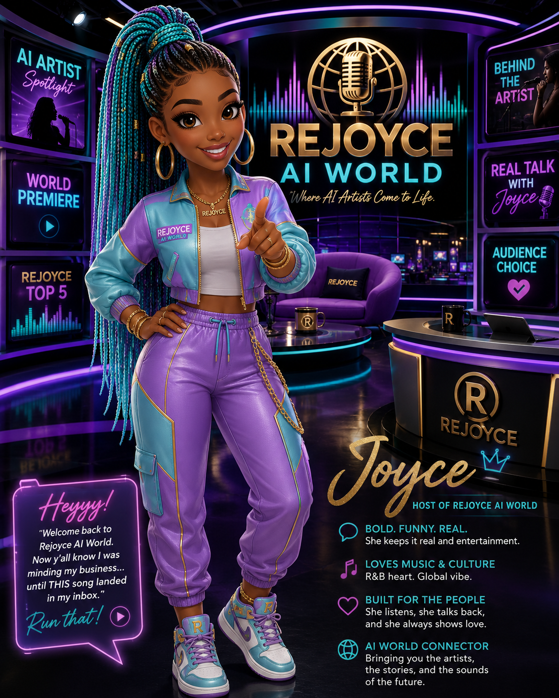 Joyce, the bold and funny host of Rejoyce AI World